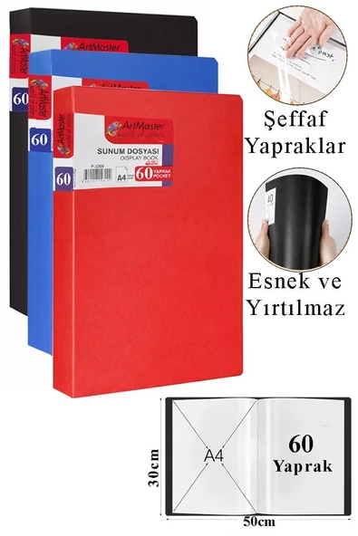 Kırmızı Siyah Mavi Sunum Dosyası 60 lı 3 Adet Poşet Dosyalı Katalog Dosyası 60 Poşetli Kendinden Dosya Plastik Kapaklı ürün görseli 1