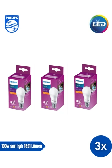 Philips Mycare LED Lamba 13W - 100W 2700K Sarı  Işık  1521 Lümen Yüksek Işık  ( 3 ADET ) ürün görseli 1