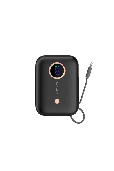 Lapas Taşınabilir Powerbank 10.000mAh Lapas LP-PW001 Dijital LED Göstergeli Type-C Kablolu Siyah ürün görseli 1