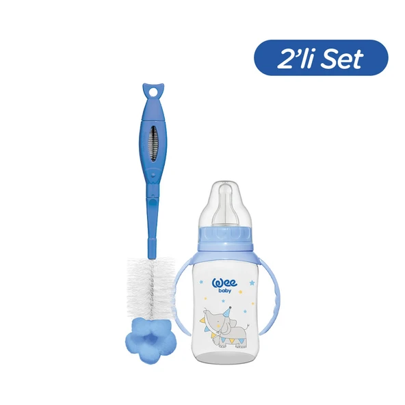 Wee Baby Klasik Kulplu PP Biberon 150 ml - MAVİ (Temizleme Seti) ürün görseli 1