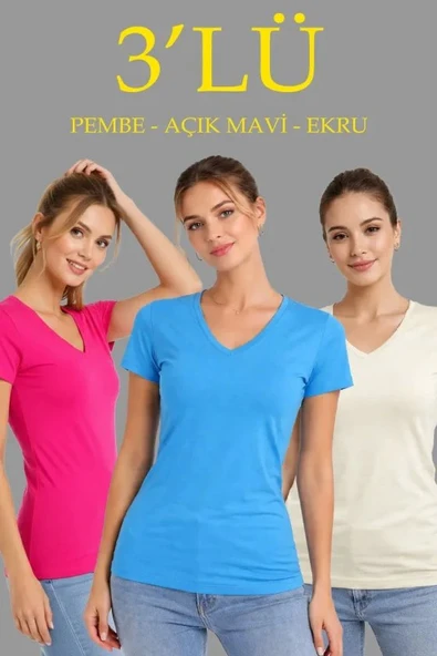 3lü V Yaka Tişört – Kısa Kollu Yazlık Slim Fit Body - Pembe, Açık Mavi, Ekru ürün görseli 1
