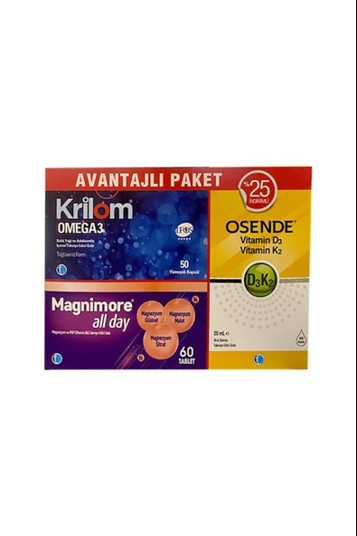 Krilom Omega3 50 Kapsül+ Magnimore Allday 60 Tablet + Osende D3k2 20 ml Avantajlı Paket ürün görseli 1