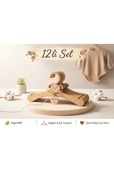 GenelTedarik Avantajlı 12’li Çocuk Askısı – Doğal Ahşap MDF Bebek Elbise Askısı – Çocuk Odası Organizer Set ürün görseli 1