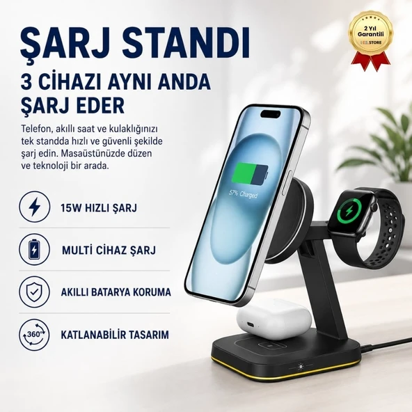 MagSafe 3-in-1 Manyetik Kablosuz Şarj İstasyonu 15W – iPhone, Apple Watch ve AirPods için Hızlı Wireless Charging Stand ürün görseli 1