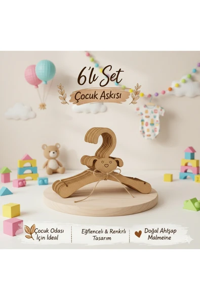GenelTedarik Dekoratif 6’lı Çocuk Askısı – Doğal Ahşap MDF Bebek Elbise Askısı – Çocuk Odası Organizer ürün görseli 1