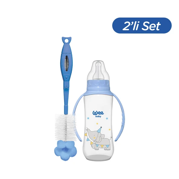 Wee Baby Klasik Kulplu PP Biberon 270 ml - MAVİ (Temizleme Seti) ürün görseli 1