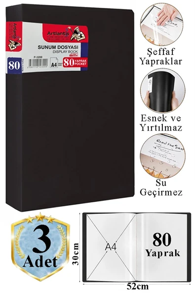 Siyah Sunum Dosyası 80 li 3 Adet Poşet Dosyalı Katalog Dosyası 80 Poşetli Kendinden Dosya Plastik Kapaklı ürün görseli 1