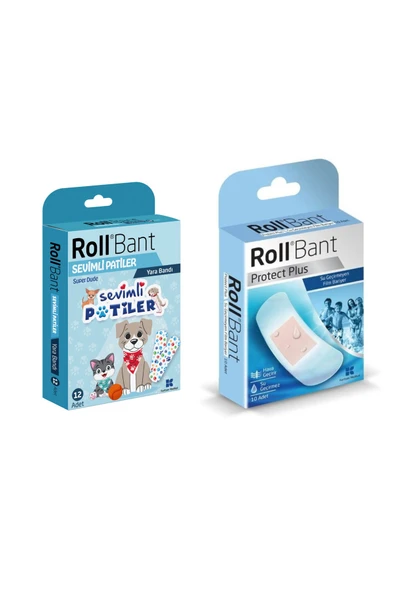 ROLL Bant Sevimli Patiler Yara Bandı 12'li + Protect Plus Su Geçirmez Yara Bandı 10lu ürün görseli 1