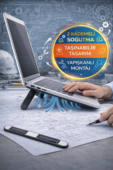 Yapışkanlı Katlanabilir Laptop Standı 2 Kademeli Soğutucu Notebook Yükseltici 22 cm Siyah ürün görseli 1