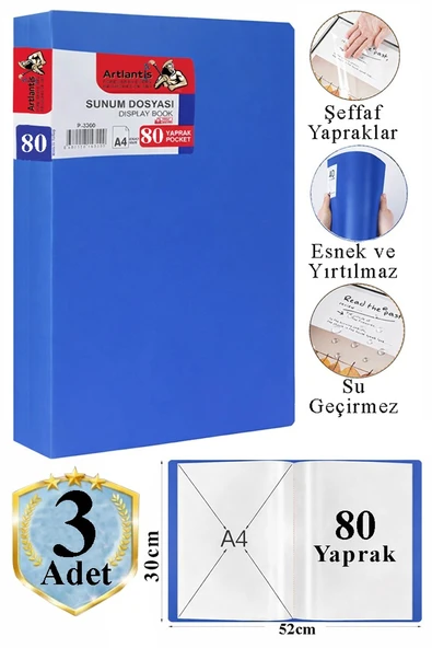 Mavi Sunum Dosyası 80 li 3 Adet Poşet Dosyalı Katalog Dosyası 80 Poşetli Kendinden Dosya Plastik Kapaklı ürün görseli 1