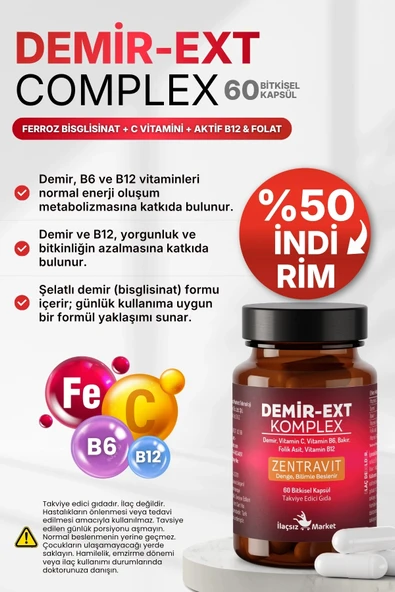 DEMİR-EXT KOMPLEX (Ferroz Bisglisinat) 60 Bitkisel Kapsül %50 İNDİRİM ürün görseli 1