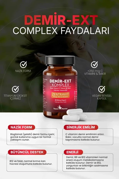 DEMİR-EXT KOMPLEX (Ferroz Bisglisinat) 60 Bitkisel Kapsül %50 İNDİRİM - Resim 3