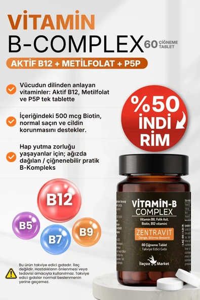 B COMPLEX VİTAMİN (Aktif B12 + Metilfolat + P5P + Biotin + B5) / 60 Çiğneme Tableti %50 İNDİRİM ürün görseli 1