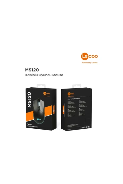 LENOVO Lecoo MS120 Kablolu RGB Led Aydınlatmalı 2400DPI 4 Tuşlu Optik Oyuncu Mouse Siyah ürün görseli 1