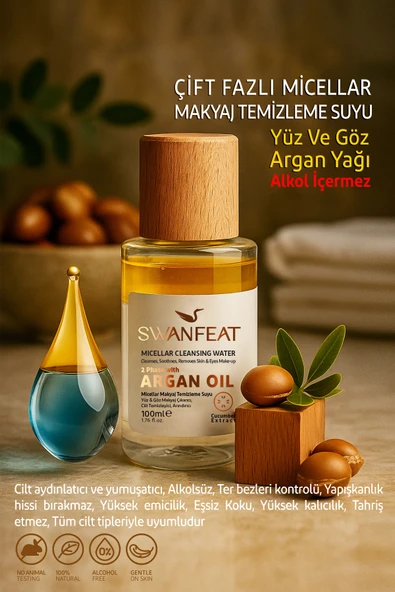 SWANFEAT Micellar Makyaj Temizleme Suyu, Yüz ve Göz İçin Çift Fazlı Argan Yağlı Alkolsüz 100ml ürün görseli 1