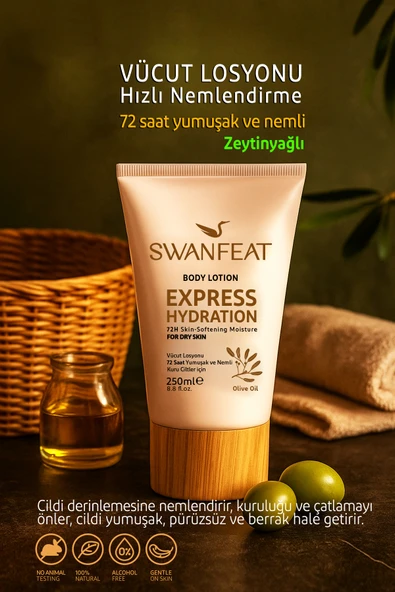 SWANFEAT Vücut Losyonu Zeytinyağlı, E Vitaminli Hızlı Nemlendirme Kuru Ciltler Için 150ml ürün görseli 1