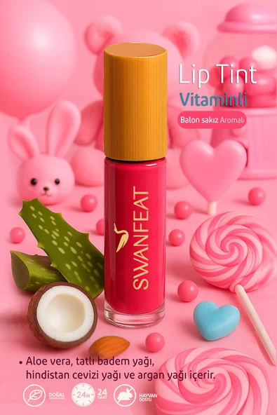 SWANFEAT Lip Tint Besleyici Vitaminli Nemlendirici Aloe Vera Balon Sakız Aromalı Pembe 10ml ürün görseli 1