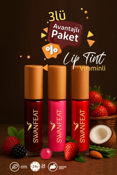 SWANFEAT Lip Tint 3lü Avantajlı Paket Besleyici Vitaminli Nemlendirici Aloe Vera Içeren 10ml ürün görseli 1