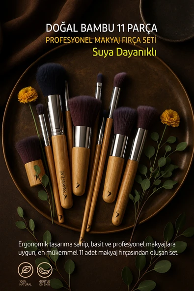 SWANFEAT 11 Parça Profesyonel Makyaj Fırça Seti Doğal Bambu SUYA DAYANIKLI ürün görseli 1