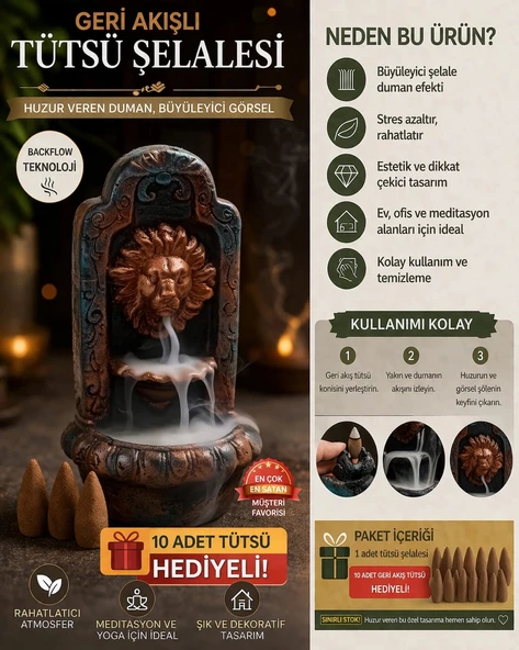 Dekoratif Aslan Şelale Tütsülük – Premium Backflow Duman Efekti + 10 Adet Tütsü Hediyeli ürün görseli 1