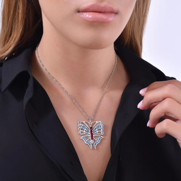 925 Ayar Gümüş Kırmızı Kelebek Modeli Telkâri Kolye ürün görseli 1
