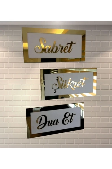 Dekor Treni DEKOR TRENİ 3D Beyaz Üzerine Gold Pleksi Sabret Şükret Dua Et Seti ürün görseli 1