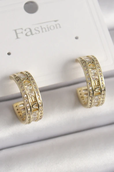 Pirinç Gold Renk Zirkon Taşlı İşleme Detay Halka Model Kadın Küpe ürün görseli 1