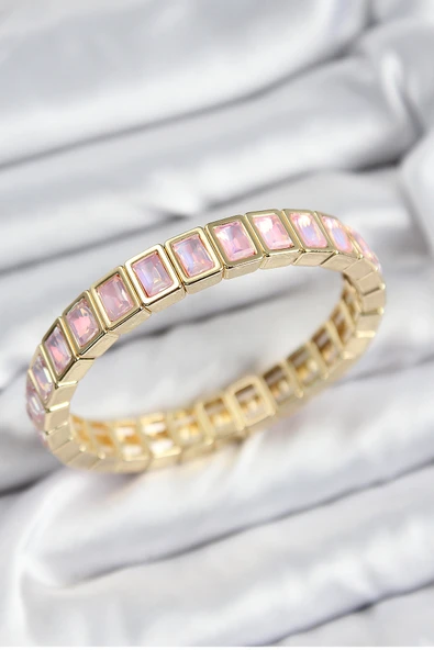 Pirinç Pembe Zirkon Taşlı Dikdörtgen Model Gold Renk Lastikli Kadın Bileklik ürün görseli 1