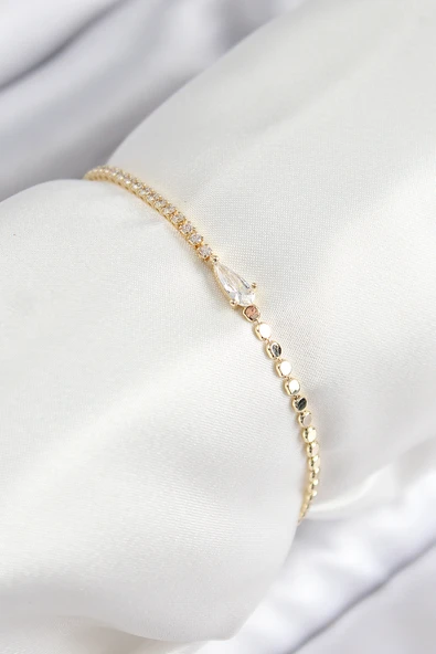 Pirinç Zirkon Taşlı Damla Model Ezme Zincir Gold Renk Kadın Bileklik ürün görseli 1