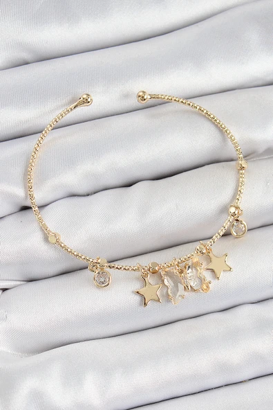Pirinç Zirkon Taşlı Yıldız Model Gold Renk Charm Bileklik ürün görseli 1
