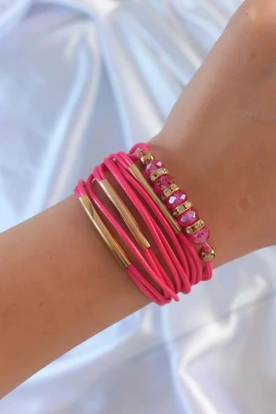 Pembe Renk Zirkon Taşlı Metal Aksesuarlı İpli Çoklu Bileklik ürün görseli 1