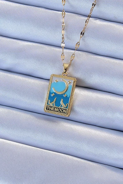 316L Çelik Zincir Altın Renk Mineli Ay Figür Tarot Kolye ürün görseli 1