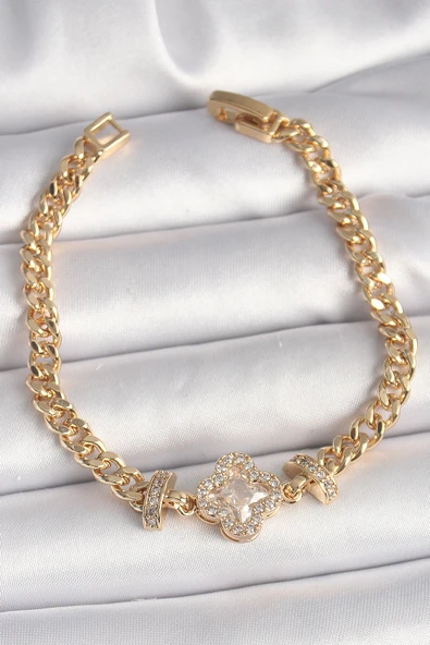 Pirinç Gold Renk Zirkon Taşlı Yonca Figür Zincir Model Kadın Bileklik ürün görseli 1