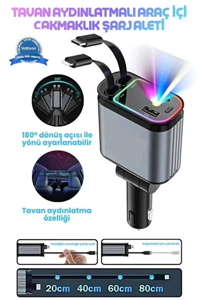 Led Işık Tavan Aydınlatmalı 66W 4’1 Çift Kablolu Hızlı Şarj 3.4A Araç İçi Çakmaklık Şarj Aleti ürün görseli 1