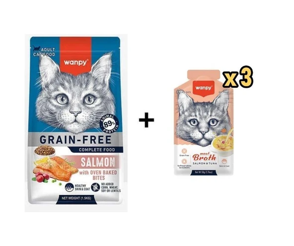 Wanpy Tahılsız Somonlu Yetişkin Kedi Maması 1,5 Kg + 3 Adet Wanpy Somonlu ve Ton Balıklı Kedi Çorbası 50 Gr ürün görseli 1