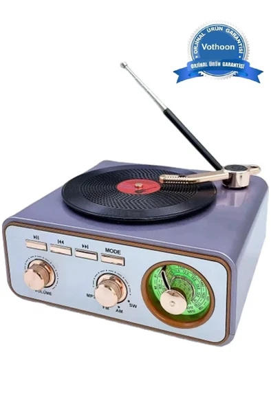 Metalik Nostaljik Tasarım Plak Çalar Görünümlü Radyolu Bluetooth Hoparlör Müzik Plak ürün görseli 1