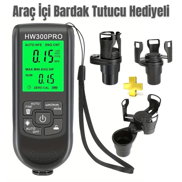 Hw-300Pro Oto Boya Kalınlık Ölçer Fe Nfe 2000Μm + 2 Fonksiyonlu Bardak Tutucu Hediyeli ürün görseli 1