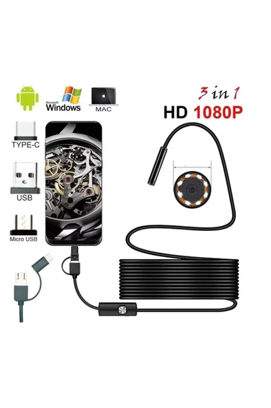 Endoskop 3 İn 1 Yılan Kamera Usb Micro Usb Type-C 20 Metre Sert Kablo ürün görseli 1