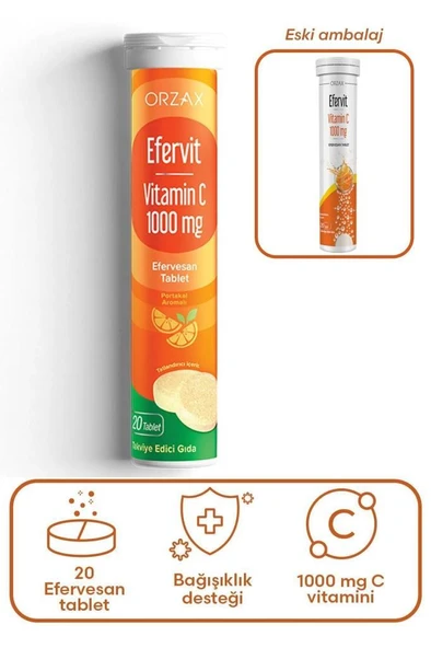 Orzax Efervit Vitamin C 1000mg 20 Efervesan Tablet SKT:11/2028 ürün görseli 1