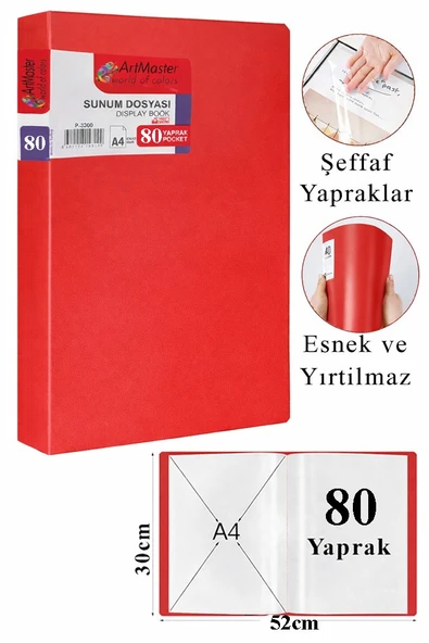 Kırmızı Sunum Dosyası 80 li 1 Adet Poşet Dosyalı Katalog Dosyası 80 Poşetli Kendinden Dosya Plastik Kapaklı ürün görseli 1