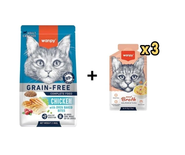 Wanpy Tahılsız Tavuklu Yetişkin Kedi Maması 1,5 Kg + 3 Adet Wanpy Somonlu ve Ton Balıklı Kedi Çorbası 50 Gr ürün görseli 1
