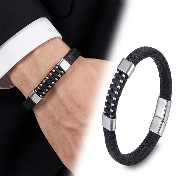 ? Premium Deri Çelik Damla Zincir Dolama Bileklik – Siyah 31834B1D7  -  20 cm ürün görseli 1