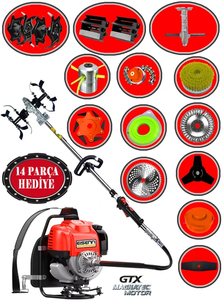 Eisenn Alman BR520-14 X Pro Sırt Tırpan+ Akrobat Çapalama + Toprak Eşeleme 14 Parça Full Set ürün görseli 1
