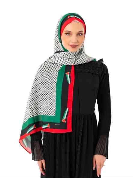 Filistin Şal Kefiye Desenli Püskülsüz Filistin Bayrak Kenarlı Filistin Şal S100048 ürün görseli 1