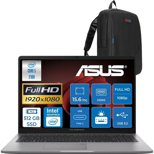 Expertbook P1 P1503CVA Intel® Core™ 5 210H 16GB Ddr5 512GB SSD 15.6" Fullhd (1920 x 1080) 300NITS Freedos Taşınabilir Bilgisayar + Cimete Çanta ürün görseli 1