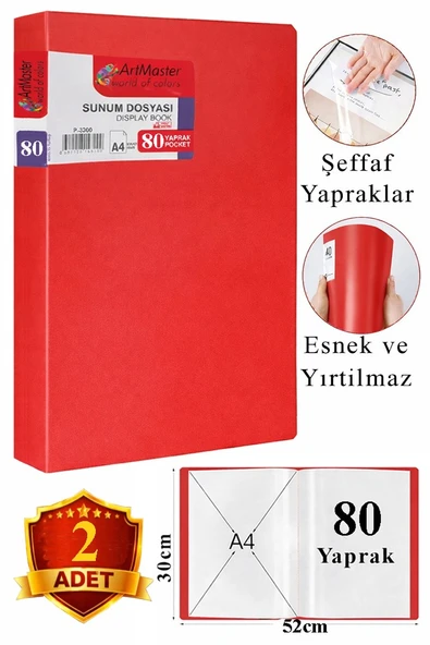 Kırmızı Sunum Dosyası 80 li 2 Adet Poşet Dosyalı Katalog Dosyası 80 Poşetli Kendinden Dosya Plastik Kapaklı ürün görseli 1