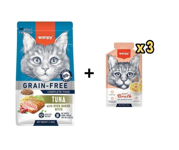 Wanpy Tahılsız Ton Balıklı Yetişkin Kedi Maması 1,5 Kg + 3 Adet Wanpy Somonlu ve Ton Balıklı Kedi Çorbası 50 Gr ürün görseli 1