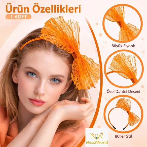 80’ler 90’lar Neon Turuncu Dantel Taç Fiyonklu ürün görseli 1