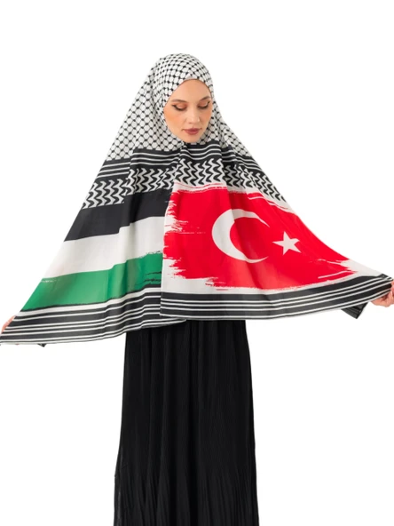 Şal Kefiye Desenli Filistin Ve Türkiye Bayrakları Dijital Baskılı Filistin Şal S100044 ürün görseli 1