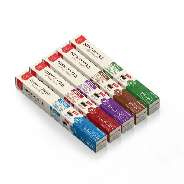 Nish Coffee Single Orijin Kapsül Kahve 5'li Set (Ethiopia,Colombia,Guatemala,Kenya,Brasil)-50 Kapsül ürün görseli 1